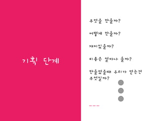 기획 단계
무엇을 만들까?
어떻게 만들까?
재미있을까?
비용은 얼마나 들까?
만들었을때 우리가 얻는건
무엇일까?
 