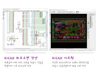 KiCAD 회로도면 작성
부품들에 대한 파트 도면을 만들고 선들을
연결하여 기본 회로도면 작성
KiCAD 아트웍
작성된 회로도면으로 부품의 풋프린트를
만들고 선을연결하여 PCB 도면 작성
 