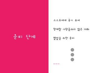 준비 단계
스스로에게 동기 부여
함께할 사람들과의 많은 대화
협업을 위한 준비
 