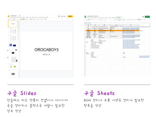 구글 ݺߣs
만들려고 하는 작품의 컨셉이나 아이디어
등을 정리하고 블럭도등 개발시 필요한
정보 작성
구글 Sheets
BOM 정리나 부품 사양등 정리가 필요한
항목들 작성
 
