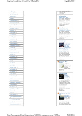 Lágrima Psicodélica: O Rock Que O Pariu 1985                                               Page 26 of 105




                                                                          (7:24) 1-4 Black Dog (5:40) 1-
   La Renga (1)
                                                                          5 Over The Hills...
                                                                          9 horas atrás
   La Vela Puerca (1)

   Lacuna Coil (1)                                                        Christian Sonic
                                                                          Hillsong Youth – Spring
   Lado B (1)                                                             (2010) - Artist: Hillsong Youth
                                                                          Album: Spring [Term Project
   Lady of the Rings (1)                                                  4] Release Date: November
                                                                          17th, 2010 Style: Praise &
   lagrima psicodelica (2)                                                Worship / Pop / Rock Label:
                                                                          Hillsong Studio Records...
   Laika and The Cosmonauts (                                             11 horas atrás
   1)

   Lake and Palmer (1)                                                    É Bom Fazer o Bem
                                                                          MINC e MJ levam "Mais
   Lana Lane (1)                                                          Cultura" para os territórios de
                                                                          paz - Projetos de hip hop,
   Lance Lopez (1)                                                        grafite, rap, teatro, literatura,
                                                                          artesanato e dança, produção
   Las Pelotas (1)                                                        de vídeos e documentários,
                                                                          gravação de CDs de jovens
   Last Days (1)                                                          artistas de comu...
                                                                          12 horas atrás
   Latte e Miele (1)

   Laura Udokay (2)                                                       Fusion Jazz And
                                                                          Something Else
   Laurie Anderson (1)                                                                   Vinnie Colaiuta,
                                                                                         Jimmy Haslip,
   Le Magazine Brazuca (1)                                                               Peter Wolf,
                                                                                         Ernie Watts -
   Le Orme (1)                                                                           "The Royal Dan
                                                                          (A Tribute to the Genius of
   Leaf Hound (1)                                                         Steely Dan)" (2006) [flac +
                                                                          320kbps + scans] - Steely
   Leandro Carvalho (1)                                                   Dan, a rock band with jazz
                                                                          and blues influences in its
   Led Zep (1)                                                            music, has stood the test of
                                                                          time. The group's original
   Led Zeppelin (24)                                                      albums from the 1970s are as
                                                                          good to...
   Legião Urbana (2)
                                                                          13 horas atrás
   Lei (3)
                                                                          Psych - Folk - Rock
   leis USA (1)                                                           ΙΣΤΟΡΙΕΣ
                                                                                         - Tia Carrera
   Lemmy (7)                                                                             *jazz/doom/metal
                                                                                         /acid jams* The
   Leonard Cohen (1)                                                                     November
                                                                                         Session (2005)
   Les Claypool (5)                                                       *MYSPACE*
                                                                          16 horas atrás
   Les Wampas (1)

   Leslie West (3)                                                        Prog Rock Vintage
                                                                                        BANDA
   Lester Young (1)                                                                     DOGMA E
                                                                                        AVATAR NO
   letra (1)                                                                            STUDIO BAR -
                                                                                        02/12/2010 -
   Levin and Stevens (1)                                                  *APÓS O GRANDE SHOW
                                                                          DO YES EM SÃO PAULO,
   Liberdade de expressão (1)                                             CONVIDO A TODOS PARA
                                                                          CONFERIR O MAIOR NOME
   Lightning Bolt (1)                                                     DO PROGRESSIVO
                                                                          MINEIRO, A BANDA
   link filme cult (1)                                                    DOGMA, QUE
                                                                          APRESENTARÁ UM NOVO
   Link Protrudi And The
                                                                          REPERTÓ...
   Jaymen (1)
                                                                          18 horas atrás
   Links (9)
                                                                          Blog Rock and Roll - New
   Lionel Hampton (1)                                                     Age
                                                                                      A Montanha -
   Liquid Tension Experiment (                                                        Engenheiros do
   1)                                                                                 Hawaii - Nem
                                                                                      tão longe que
   Liquorice John Death (1)                                                           eu não possa
                                                                          verNem tão perto que eu
   Literatura (1)                                                         possa tocarNem tão longe
                                                                          que eu não possa crer que
   Live At Woodstock ´69 (1)                                              um dia chego láNem tão perto




http://lagrimapsicodelica1.blogspot.com/2010/08/o-rock-que-o-pariu-1985.html                    30/11/2010
 