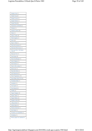 Lágrima Psicodélica: O Rock Que O Pariu 1985                                   Page 39 of 105




   Robber Ford (1)

   Robert Cray (2)

   Robert Crumb (1)

   Robert Palmer (1)

   Robert Plant (6)

   Robertinho de Recife (2)

   Roberto (1)

   Roberto Carlos (25)

   Robin (1)

   Robin Trower (4)

   Robô Gigante (1)

   Rock (32)

   Rock 'n' Roll (1)

   Rock Aid Armenia (1)

   Rock and Roll Circus (1)

   Rock and Roll...We Salute
   You (2)

   Rock ao Vivo (1)

   Rock Brasil (6)

   Rock City Morgue (1)

   Rock Clássico (1)

   Rock Doctor (1)

   Rock in Rio Lisboa (1)

   Rock Loco (1)

   Rock My World (1)

   Rock Nacional (3)

   Rock Progressivo (14)

   Rock Rádio WULP HD (4)

   Rockabye Baby (1)

   Rockbitch (1)

   Rod Argent (1)

   Rod Stewart (2)

   Rofello (2)

   Roger Hodgson (2)

   Roger Taylor (1)

   Roger Waters (3)

   Rogério Utrila (81)

   rolling stones (1)

   Rollins Band (4)

   Romulo Daumas (1)

   Ron Wood (1)

   Ronaldo e os Impedidos (1)

   Rondellus (1)

   Ronei Jorge e os Ladrões de




http://lagrimapsicodelica1.blogspot.com/2010/08/o-rock-que-o-pariu-1985.html      30/11/2010
 