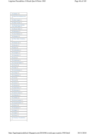 Lágrima Psicodélica: O Rock Que O Pariu 1985                                   Page 46 of 105




   The Beatles (15)

   The Best Punk Anthems Ever
   (1)

   The Black Angels (1)

   The Black Crowes (1)

   The Bloodsucking Zombies
   From Outer Space (1)

   The Bloody Hollies (1)

   The Bomboras (1)

   The Boss Martians (1)

   The Breeders (3)

   The Brian Setzer Orchestra (
   1)

   The Bucket List (1)

   The Bunnies (1)

   The Byrds (3)

   The Carburetors (1)

   The Cardigans (1)

   The Carpenters (1)

   The Cars (2)

   The Casanovas (1)

   The Charcoal People (1)

   The Church (3)

   The Clash (7)

   The Commitments (1)

   The Cramps (1)

   The Creepshow (1)

   The Cult (5)

   The Cure (8)

   The Cynics (1)

   The Damned (2)

   The Dead Rocks (1)

   The Delmonas (1)

   The Detroit Cobras (1)

   The Dirtbombs (1)

   The Distillers (2)

   The Divine Comedy (1)

   The Doobie Brothers (1)

   The Doors (10)

   The Dynotones (1)

   The Eagles (1)

   The Eegles (1)

   The Enemy (1)

   The Fabulous Thunderbirds (
   1)




http://lagrimapsicodelica1.blogspot.com/2010/08/o-rock-que-o-pariu-1985.html      30/11/2010
 