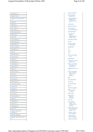 Lágrima Psicodélica: O Rock Que O Pariu 1985                                              Page 8 of 105




                                                                           (2010) 320 KBPS
   Blindagem (3)
                                                                           Street Sweeper
   Blodwyn Pig (1)                                                           Social Club

   Blogger Arquivo Neaadertal (                                            Programa Brazilian
   1)                                                                        Nuggets 08 -
                                                                             Especial Covers
   Blogs (6)                                                                 e ...

   Blondie (2)                                                             Joy Division
                                                                           Violeta de Outono
   Blue Floyd (1)
                                                                           Sonny Terry &
   Blue Jeans (1)                                                            Brownie McGhee

   Blue Oyster Cult (2)                                                    The Beach Boys
                                                                           1º Festival de
   Blue-Ray (1)                                                               Música
                                                                              Independente a
   Blues (69)                                                                 Barata e Lágr...
   Blues Addicts (1)                                                       Information Society

   Blues Etílicos (2)                                                      Wo Fat
                                                                           Salada Auditiva -
   Blues Rock (2)                                                            Programa 29
   Blues Traveler (1)                                                      Steppenwolf

   Blues/Rock (4)                                                          U2
                                                                           Arktis
   Blur (2)
                                                                           XTC
   BMX Bandits (1)
                                                                           Fire On The Rocks
   Bnois King (2)                                                             nº 45
                                                                           BMX Bandits
   Bo Nice (1)
                                                                           Arcade Fire - ao vivo
   Bob Dylan (9)                                                             Agosto 2010

   Bob Marley (3)                                                          Vitória - Ou a Filha
                                                                              de Adão e Eva -
   Bob Mould (2)                                                              Opera Rock
                                                                           Rádio WULP fora do
   Bodkin (1)
                                                                             ar
   Body Count (4)                                                          RUSH EM SAMPA -
                                                                            Brasil (Outubro -
   Bolívia (1)                                                              2010) - TO
                                                                            DENTR...
   Bon Jovi (1)
                                                                           Ride
   Bon Scott (1)
                                                                           The Long Ryders
   Bonnie raitt (1)                                                        The Doors

   Boom Boom Kid (1)                                                       The Adolescents
                                                                           Ghost
   Bootlegs (5)
                                                                           My Morning Jacket
   Botapraf (1)
                                                                           Medium - Série
   Botinada (1)                                                             Completa
                                                                           Julian Cope
   Box Set (2)
                                                                           Quarta-Feira
   Boys and Girls (1)                                                        Especial
                                                                             apresenta:
   Bozzio (1)
                                                                           Pearl Jam
   Brad Berk (1)
                                                                           John Armless
   Brand X (2)                                                               Project - The
                                                                             Temple Of The
   Brant Bjork (2)                                                           Lost Voic...
                                                                           Sábado Rock é aqui
   Brasil (16)                                                               na nossa Rádio
                                                                             WULP - HD
   Brazilian Guitar Fuzz
   Bananas (1)                                                             The Who - Who's
                                                                             Next Sessions
   Brazilian Nuggets (1)
                                                                           Lucifers Friend -
   Brazilian Stoner Rock'n Roll (                                            Mind Exploding
   6)                                                                      Children Of Bodom -




http://lagrimapsicodelica1.blogspot.com/2010/08/o-rock-que-o-pariu-1985.html                   30/11/2010
 