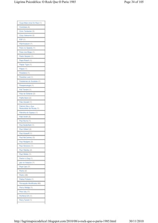 Lágrima Psicodélica: O Rock Que O Pariu 1985                                   Page 34 of 105




   Ouça Mais Uma Do Raul (1)

   Overdose (4)

   Ozric Tentacles (3)

   Ozzy Osbourne (3)

   P2P (1)

   Painmuseum (1)

   Pane no Speedy (1)

   Pane nos Blogs (1)

   Paolo Serpieri (1)

   Papa Roach (1)

   Papier Tigre (1)

   Pappo (1)

   Parabéns (1)

   Paradise Lost (1)

   Paralamas do Sucesso (1)

   Parapsicologia (1)

   Pat Travers (1)

   Pata de Elefante (2)

   Patife Band (2)

   Pato Donald (1)

   Patricio Rey y Sus
   Redonditos de Ricota (1)

   Patrulha do Espaço (1)

   Patti Smith (5)

   Paul Burns (1)

   Paul Butterfield (1)

   Paul Gilbert (2)

   Paul Kossoff (1)

   Paul McCartney (3)

   Paul Rodgers (3)

   Paul Simonon (1)

   Paul Stanley (2)

   Paul Weller (1)

   Pavlov´s Dog (1)

   paz no hospicio (1)

   Pearl Jam (7)

   Pedra (2)

   Pedro (39)

   Pekka Pohjola (1)

   Percepção Modificada (60)

   Percy Sledge (1)

   Pere Ubu (1)

   Periferia S/A (1)

   Perry Farrell (1)




http://lagrimapsicodelica1.blogspot.com/2010/08/o-rock-que-o-pariu-1985.html      30/11/2010
 