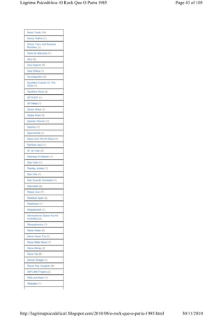 Lágrima Psicodélica: O Rock Que O Pariu 1985                                   Page 43 of 105




   Sonic Youth (14)

   Sonny Rollins (1)

   Sonny Terry and Brownie
   McGhee (1)

   Sons da Natureza (1)

   Soul (2)

   Soul Asylum (3)

   Soul Sirkus (1)

   Soundgarden (2)

   Southern Culture On The
   Skids (1)

   Southern Rock (6)

   SP 6/3/07 (1)

   SP Metal (1)

   Space Metal (1)

   Space Rock (3)

   Spartan Warrior (1)

   Spectro (1)

   Spermbirds (1)

   Spice And The RJ Band (1)

   Spiritual Jazz (1)

   Sr. do Vale (3)

   Stairway to Heaven (1)

   Stan Getz (1)

   Stanley Jordan (1)

   Star One (1)

   Star Sounds Orchestra (1)

   Starcastle (2)

   Status Quo (7)

   Steeleye Span (2)

   Steelheart (1)

   Steppenwolf (1)

   Stereophonic Space Sound
   Unlimited (2)

   Stereophonics (1)

   Steve Howe (4)

   Steve Howe Trio (1)

   Steve Miller Band (1)

   Steve Morse (3)

   Steve Vai (6)

   Steven Seagal (1)

   Stevie Ray Vaughan (9)

   Stiff Little Fingers (2)

   Stills and Nash (1)

   Stillwater (1)




http://lagrimapsicodelica1.blogspot.com/2010/08/o-rock-que-o-pariu-1985.html      30/11/2010
 