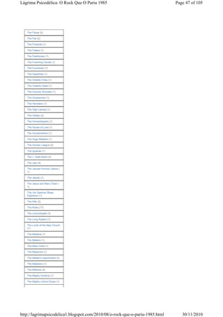 Lágrima Psicodélica: O Rock Que O Pariu 1985                                   Page 47 of 105




   The Faces (2)

   The Fall (2)

   The Firebirds (1)

   The Flakes (1)

   The Fleshtones (1)

   The Frowning Clouds (1)

   The Fuzztones (1)

   The Gasolines (1)

   The Ghastly Ones (1)

   The Grateful Dead (1)

   The Groovie Ghoulies (1)

   The Gruesomes (1)

   The Hamsters (1)

   The High Llamas (1)

   The Hollies (2)

   The Honeydrippers (1)

   The House of Love (1)

   The Housemartins (1)

   The Hugo Masters (1)

   The Human League (2)

   The Iguanas (1)

   The J. Geils Band (3)

   The Jam (4)

   The Jancee Pornick Casino (
   1)

   The Jekylls (1)

   The Jesus and Mary Chain (
   1)

   The Jon Spencer Blues
   Explosion (1)

   The Kills (2)

   The Kinks (17)

   The Lemonheads (3)

   The Long Ryders (1)

   The Lords of the New Church
   (1)

   The Madeira (1)

   The Makers (1)

   The Mars Volta (1)

   The Masonics (1)

   The Master's Apprentices (2)

   The Matadors (1)

   The Meteors (2)

   The Mighty Gordinis (1)

   The Mighty Lemon Drops (1)




http://lagrimapsicodelica1.blogspot.com/2010/08/o-rock-que-o-pariu-1985.html      30/11/2010
 