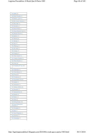 Lágrima Psicodélica: O Rock Que O Pariu 1985                                   Page 48 of 105




   The Misfits (2)

   The Model Rockets (1)

   The Modern Lovers (1)

   The Moe Greene Specials (1)

   The Mono Men (1)

   The Monsters (1)

   The Moody Blues (1)

   The Moody Marsden Band (2)

   The Mooney Suzuki (1)

   The Mothers (1)

   The National (2)

   The Nebulas (1)

   The Nice (1)

   The Offspring (1)

   The Old Label (1)

   The Outlaws (1)

   The Paladins (1)

   The Panic Chanell (1)

   The Phantom Rockers (1)

   The Planet Rockers (1)

   The Police (2)

   The Presidents Of The USA (
   1)

   The Pretenders (1)

   The Prime Movers (1)

   The Primos (2)

   The Proclaimers (1)

   The Psychedelic Furs (2)

   The Quakes (1)

   The Quarrymen (1)

   The Railway Children (2)

   The Ramones (1)

   The Replacements (5)

   The Rezillos (1)

   The Rocker (1)

   The Rods (2)

   The Rolling Stones (15)

   The Royal Philharmonic
   Orchestra (1)

   The Runaways (1)

   The Ruts (1)

   The Secret Sessions (1)

   The Shadows (1)

   The Sheepdogs (1)




http://lagrimapsicodelica1.blogspot.com/2010/08/o-rock-que-o-pariu-1985.html      30/11/2010
 