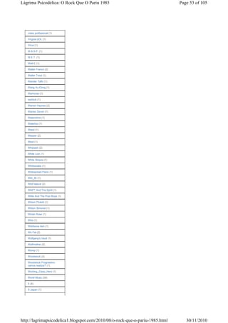 Lágrima Psicodélica: O Rock Que O Pariu 1985                                   Page 53 of 105




   vídeo profissional (1)

   Vírgula.UOL (1)

   Vírus (1)

   W.A.S.P. (1)

   W.E.T. (1)

   Wall-E (1)

   Walter Franco (3)

   Walter Trout (1)

   Wander Taffo (1)

   Wang Xu-Dong (1)

   Warhorse (1)

   warlock (1)

   Warren Haynes (2)

   Warren Zevon (1)

   Waterclime (1)

   Waterloo (1)

   Weed (1)

   Weezer (2)

   West (1)

   Whiplash (2)

   White Lion (1)

   White Stripes (1)

   Whitesnake (1)

   Widespread Panic (1)

   Wiki_Br (1)

   Wild Nature (2)

   Wild'T' And The Spirit (1)

   Willie And The Poor Boys (1)

   Wilson Pickett (1)

   Wilson Simonal (1)

   Winter Rose (1)

   Wire (1)

   Wishbone Ash (1)

   Wo Fat (2)

   Wolfgang's Vault (1)

   Wolfmother (2)

   Womp (1)

   Woodstock (3)

   Woodstock Progressivo
   vamos realizar? (1)

   Working_Class_Hero (1)

   World Music (24)

   X (6)

   X-Japan (1)




http://lagrimapsicodelica1.blogspot.com/2010/08/o-rock-que-o-pariu-1985.html      30/11/2010
 