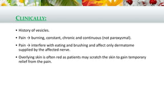 CLINICALLY:
 History of vesicles.
 Pain → burning, constant, chronic and continuous (not paroxysmal).
 Pain → interfere with eating and brushing and affect only dermatome
supplied by the affected nerve.
 Overlying skin is often red as patients may scratch the skin to gain temporary
relief from the pain.
 
