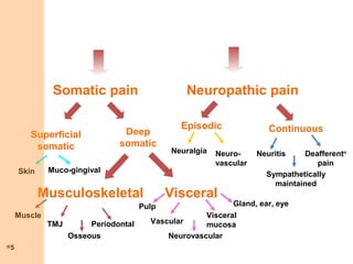 5
Somatic pain Neuropathic pain
Superficial
somatic
Deep
somatic
Musculoskeletal Visceral
Episodic Continuous
Muscle
TMJ
Osseous
Periodontal
Pulp
Vascular
Neurovascular
Visceral
mucosa
Gland, ear, eye
Neuralgia Neuro-
vascular
Neuritis
Sympathetically
maintained
Deafferentn
pain
Skin Muco-gingival
 
