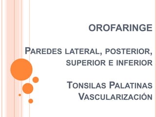 OROFARINGE
PAREDES LATERAL, POSTERIOR,
SUPERIOR E INFERIOR
TONSILAS PALATINAS
VASCULARIZACIÓN
 
