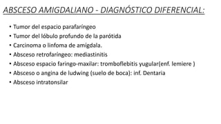 ABSCESO AMIGDALIANO - DIAGNÓSTICO DIFERENCIAL:
• Tumor del espacio parafaríngeo
• Tumor del lóbulo profundo de la parótida
• Carcinoma o linfoma de amígdala.
• Absceso retrofaríngeo: mediastinitis
• Absceso espacio faringo-maxilar: tromboflebitis yugular(enf. lemiere )
• Absceso o angina de ludwing (suelo de boca): inf. Dentaria
• Absceso intratonsilar
 