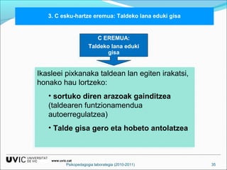 3. C esku-hartze eremua: Taldeko lana eduki gisa 
Ikasleei pixkanaka taldean lan egiten irakatsi, 
honako hau lortzeko: 
Ikasleei pixkanaka taldean lan egiten irakatsi, 
honako hau lortzeko: 
• sortuko diren arazoak gainditzea 
(taldearen funtzionamendua 
autoerregulatzea) 
• Talde gisa gero eta hobeto antolatzea 
• sortuko diren arazoak gainditzea 
(taldearen funtzionamendua 
autoerregulatzea) 
• Talde gisa gero eta hobeto antolatzea 
www.uvic.cat 
C EREMUA: 
C EREMUA: 
Taldeko lana eduki 
Taldeko lana eduki 
gisa 
gisa 
Psikopedagogia laborategia (2010-2011) 35 
 