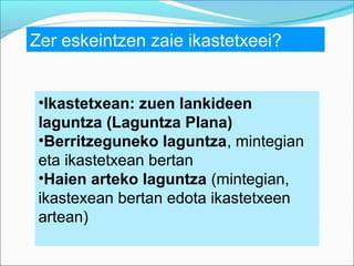 Zer eskeintzen zaie ikastetxeei? 
•Ikastetxean: zuen lankideen 
laguntza (Laguntza Plana) 
•Berritzeguneko laguntza, mintegian 
eta ikastetxean bertan 
•Haien arteko laguntza (mintegian, 
ikastexean bertan edota ikastetxeen 
artean) 
 
