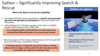 Galileo – Significantly Improving Search &
Rescue
10
What is the Return Link Service Capability?
▪ The Galileo MEOSAR system will propose a specific communication
link from the operators to the beacons to improve the alert and
SAR phases
▪ Acknowledgement of distress message, to be shown on Galileo
capable distress beacons (ELT, EPIRB, PLB)
• Remote activation of the Aviation distress beacon (ELT) through RLM
service (ELT(DT) only), using GNSS receiver
Galileo at a glance
➢ A Global Navigation Satellite System
(GNSS)
➢ Works alongside US GPS and Russian
GLONASS systems for SAR
➢ Will supply the unique Return Link
Service in SAR
In an emergency better survival decisions are made when those
involved know SAR professionals are on route to your location
Combining standard tracking with Autonomous Distress Tracking
allows airlines to trigger a distress alert from their Operations Center
to accelerate the location of a missing aircraft.
 