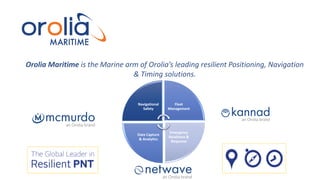 Orolia Maritime is the Marine arm of Orolia’s leading resilient Positioning, Navigation
& Timing solutions.
Navigational
Safety
Fleet
Management
Emergency
Readiness &
Response
Data Capture
& Analytics
 
