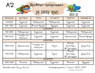 ΠΕΡΙΟΔΟΣ ΔΕΥΤΕΡΑ ΤΡΙΤΗ ΤΕΤΑΡΤΗ ΠΕΜΠΤΗ ΠΑΡΑΣΚΕΥΗ
7:45-8:25 Ελληνικά Μαθηματικά Μαθηματικά Ελληνικά Ελληνικά
8:25 - 9:05 Ελληνικά Φυσική Αγωγή Αγγλικά Ελληνικά Ελληνικά
ΔΙΑΛΕΙΜΜΑ
9:25-10:05 Μαθηματικά Ελληνικά Ελληνικά MΜαθηματικά MΜαθηματικά
10:05-10:45
Γνωρίζω τον
κόσμο μου
Ελληνικά Ελληνικά Θρησκευτικά Φυσική Αγωγή
ΔΙΑΛΕΙΜΜΑ
10:55-11:35 Θρησκευτικά
Γνωρίζω τον
κόσμο μου
Τέχνη
Φυσικές
Επιστήμες
&Τεχνολογία
Αγωγή Ζωής
11:35-12:15 Μαθηματικά Ελληνικά Τέχνη
Φυσικές
Επιστήμες
&Τεχνολογία
Αγωγή Ζωής
ΔΙΑΛΕΙΜΜΑ
12:25-13:05 Μουσική Μαθηματικά Ελληνικά Μουσική Αγγλικά
Ωρολόγιο πρόγραμμα
για σούπερ ήρωες
(κατόπιν ραντεβού)
Εκπαιδευτικός : Έμιλυ Κώστα Επισκέψεις γονέων: Τετάρτη 08:25 - 09:05
 