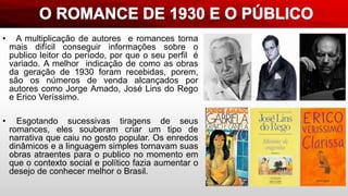 • A multiplicação de autores e romances torna
mais difícil conseguir informações sobre o
publico leitor do período, por que o seu perfil é
variado. A melhor indicação de como as obras
da geração de 1930 foram recebidas, porem,
são os números de venda alcançados por
autores como Jorge Amado, José Lins do Rego
e Erico Veríssimo.
• Esgotando sucessivas tiragens de seus
romances, eles souberam criar um tipo de
narrativa que caiu no gosto popular. Os enredos
dinâmicos e a linguagem simples tornavam suas
obras atraentes para o publico no momento em
que o contexto social e político fazia aumentar o
desejo de conhecer melhor o Brasil.
 