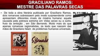 • De toda a obra literária publicada por Graciliano Ramos,
dois romances sobressaem pelo modo surpreendente como
apresentam diferentes níveis da miséria humana: aquela
causada pela pobreza extrema em Vidas secas ou a outra,
fruto da ambição , em São Bernardo. Muito mais do que
apenas romances regionalistas, os texto que nascem das
mãos de Graciliano falam de problemas humanos universais.
 