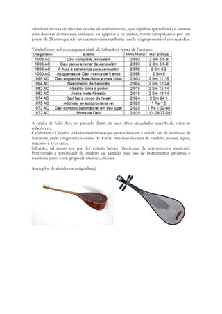 rei Salomão é que o que ele sabia e manifestava aos ouvidos de todos os que o conheciam é um saber que não recebera dos polos de conhecimento de sua época. Os nomes mais notórios de conhecimento de homens reconhecidos como sábios e que obtiveram essa sabedoria através de diversas escolas de conhecimento, que significa aprendizado e contato com diversas civilizações, incluindo os egípcios e os árabes, foram ultrapassados por um jovem de 23 anos que não teve contato com nenhuma escola ou grupo notável dos seus dias. 
Tabela Como referencia para a idade de Salomão à época de Cantares: 
A rainha de Sabá deve ter passado diante de seus olhos arregalados quando da visita ao soberbo rei. 
Cafarnaum e Cesaréia cidades marítimas cujos portos ficavam a uns 60 km da habitação da Sunamita, onde chegavam os navios de Tarsis trazendo madeira de sândalo, pavões, tigres, macacos e aves raras. 
Salomão, tal como seu pai, foi exímio luthier (fabricante de instrumentos musicais). Percebendo a sonoridade da madeira de sândalo para uso de instrumentos projetou e construiu junto a um grupo de artesões, alaúdes. 
(exemplos de alaúdes da antiguidade) 
 