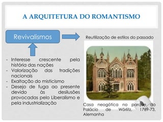 A ARQUITETURA DO ROMANTISMO
Revivalismos Reutilização de estilos do passado
- Interesse crescente pela
história das nações
- Valorização das tradições
nacionais
- Exaltação do misticismo
- Desejo de fuga ao presente
devido às desilusões
provocadas pelo Liberalismo e
pela industrialização Casa neogótica no parque do
Palácio de Wörlitz, 1769-73,
Alemanha
 