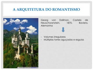 A ARQUITETURA DO ROMANTISMO
Georg von Dollman, Castelo de
Neuschwanstein, 1870, Baviera,
Alemanha
- Volumes irregulares
- Múltiplas torres aguçadas e esguias
 
