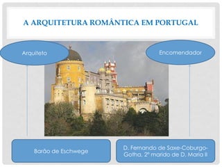 A ARQUITETURA ROMÂNTICA EM PORTUGAL
D. Fernando de Saxe-Coburgo-
Gotha, 2º marido de D. Maria II
Barão de Eschwege
EncomendadorArquiteto
 