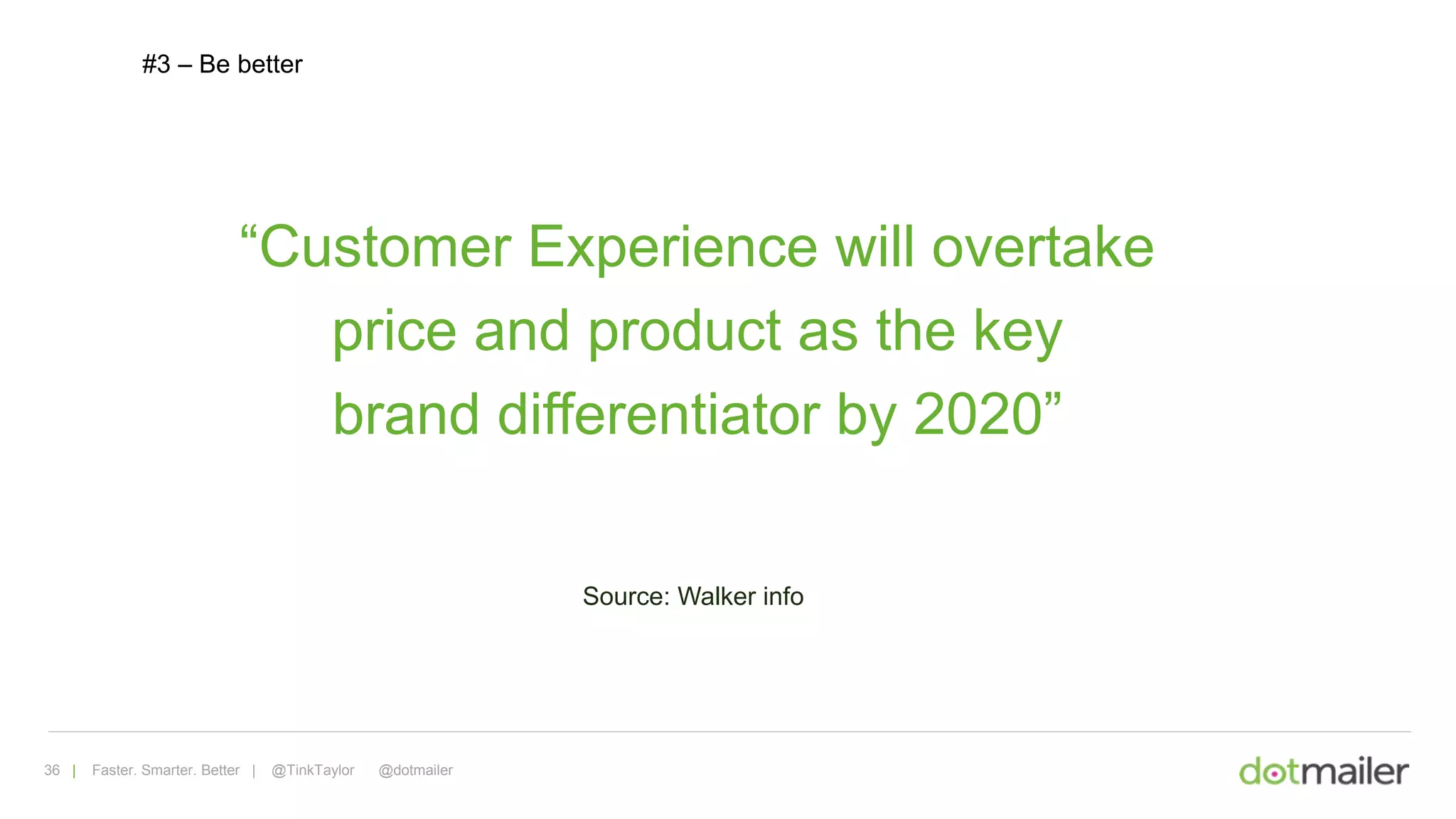 36 | Faster. Smarter. Better | @TinkTaylor @dotmailer
#3 – Be better
“Customer Experience will overtake
price and product as the key
brand differentiator by 2020”
Source: Walker info
 