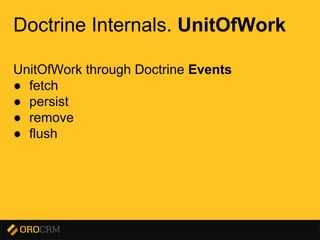 Presentation title here
Doctrine Internals. UnitOfWork
UnitOfWork through Doctrine Events
● fetch
● persist
● remove
● flush
 