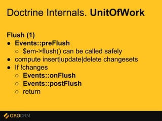 Presentation title here
Doctrine Internals. UnitOfWork
Flush (1)
● Events::preFlush
○ $em->flush() can be called safely
● compute insert|update|delete changesets
● If !changes
○ Events::onFlush
○ Events::postFlush
○ return
 