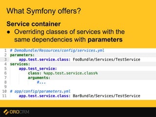 Presentation title here
What Symfony offers?
Service container
● Overriding classes of services with the
same dependencies with parameters
 