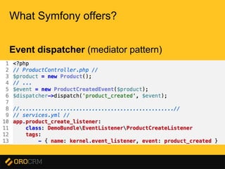 Presentation title here
What Symfony offers?
Event dispatcher (mediator pattern)
 