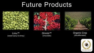 Future Products



     Limu™              Ghimbi™       Organic Crop
(sweet spicy & winey)   (chocolate)   (decaffeinated)
 