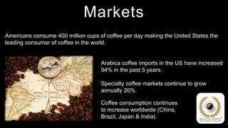 Markets
Americans consume 400 million cups of coffee per day making the United States the
leading consumer of coffee in the world.


                                    Arabica coffee imports in the US have increased
                                    94% in the past 5 years.

                                    Specialty coffee markets continue to grow
                                    annually 20%.

                                    Coffee consumption continues
                                    to increase worldwide (China,
                                    Brazil, Japan & India).
 