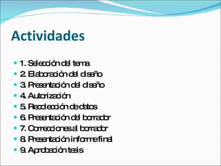Actividades 1. Selección del tema  2. Elaboración del diseño  3. Presentación del diseño  4. Autorización  5. Recolección de datos  6. Presentación del borrador  7. Correcciones al borrador  8. Presentación informe final  9. Aprobación tesis  
