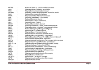 Cost of Governance: Adjusting the Structures
Cost of Governance: Adjusting the Structures
Cost of Governance: Adjusting the Structures
Cost of Governance: Adjusting the Structures Page
Page
Page
Page x
x
x
x
NCAM - National Centre for Agricultural Mechanization
NCAT - Nigeria College of Aviation Technology
NCC - Nigeria Communications Commission
NCDMB - Nigerian Content Development and Monitoring Board
NCR - National Commission for Refugees
NCPC - Nigerian Christian Pilgrims Commission
NDE - National Directorate of Employment
NEC - National Economic Council
NEC - Nomadic Education Commission
NEC - National Energy Council
NECO - National Examinations Council
NEDDI - National Engineering Design Development Institute
NEITI - Nigeria Extractive Industries Transparency Initiative
NEMA - National Emergency Management Agency
NEPA - National Electric Power Authority
NEPC - Nigerian Export Promotion Council
NEPZA - Nigerian Export Processing Zones Authority
NERC - Nigerian Electricity Regulatory Commission
NERDC - Nigeria Educational Research and Development Council
NICO - National Institute for Cultural Orientation
NIEPA - Nigerian Institute for Education Planners and Administrators
NIEPC - Nigerian Import-Export Promotion Commission
NIHOTOUR - Nigerian Institute for Hospitality and Tourism Studies
NIIA - Nigerian Institute of International Affairs
NILEST - Nigerian Institute for Leather Science Technology
NIMC - National Identity Management Commission
NIMG - Nigerian Institute of Mining and Geosciences
NIMET - Nigerian Metrological Agency
NIPC - Nigerian Investment Promotion Commission
NNMA - Nigeria National Merit Award
NIOMCO - National Iron Ore Mining Company
NIPC - Nigerian Investment Promotion Commission
NIPOST - Nigerian Postal Service
 