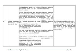 Cost of Governance: Adjusting the Structures
Cost of Governance: Adjusting the Structures
Cost of Governance: Adjusting the Structures
Cost of Governance: Adjusting the Structures Page
Page
Page
Page 32
32
32
32
(iv) the leadership be part of the Economic
Management Team of the Federal
Government; and
(v) that the restructured and refocused
Bureau be dedicated to the coordination,
monitoring and evaluation of Government's
reform agenda and decisions, including
those on the recommendations of this
Committee.
Government rejects this
recommendation
Government notes this
recommendation and
further directs that the
Bureau should be
refocused for more
effective discharge of its
mandate.
34. Federal Government
Staff Housing Loans
Board (FGSHLB)
The Committee recommends as follows,
that:
(i) the FMBN Act be amended to allow:
(a) the contributions made by Public
Servants under the NHF to be transferred
to the FGSHLB ; and
(b) that future deductions under NHF
made from the emoluments of Public
Servants to be remitted to the FGSHLB;
(ii) the FGSHLB Act be amended to reflect
the proposed amendment;
(iii) that the FGSHLB becomes self-funding
within a period of two years the date of
acceptance of the Committee's
recommendation and the consequential
amendment of the NHF law.
Government rejects this
recommendation.
Government rejects this
recommendation.
Government rejects this
recommendation.
The FGSHB Act (Decree No.6 of 1975) is a
moribund piece of legislation that the
Committee sought to revive by its
recommendation. Public servants have
since moved on to other arrangements.
FGN was right in rejecting the
recommendation.
 
