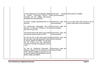 Cost of Governance: Adjusting the Structures
Cost of Governance: Adjusting the Structures
Cost of Governance: Adjusting the Structures
Cost of Governance: Adjusting the Structures Page
Page
Page
Page 37
37
37
37
(v) the enabling law of the Nigerian College
of Aviation Technology (NCAT) be
amended and the college restructured,
strengthened and empowered;
(vi) NCAT charges appropriate fees for its
services;
(vi) Government disengages from the
provision of Recurrent funding for NCAT
from 2014 Fiscal Year;
(viii) Government limits itself to the funding
of essential capital projects of NCAT;
(ix) that the 5% of total ticket sales being
tax and other internally generated revenue
by NCAA, NAMA and NIMET be fully paid
into the Treasury and their expenditure
provided for through the budgetary process
; and
(x) that an institutional framework of
advance releases from the Revenue Fund
(CRF) against budgetary approval be put
in place to address the operational costs of
NCAA, NAMA and NIMET.
Government accepts
this recommendation.
Government notes this
recommendation.
Government notes this
recommendation.
Government notes this
recommendation.
Government notes this
recommendation.
Government notes this
recommendation.
FGN’s position is credible
It is not clear what FGN intends to do by
merely noting these recommendations.
 