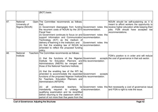 Cost of Governance: Adjusting the Structures
Cost of Governance: Adjusting the Structures
Cost of Governance: Adjusting the Structures
Cost of Governance: Adjusting the Structures Page
Page
Page
Page 42
42
42
42
(BOT) basis.
47. National Open
University of
Nigeria (NOUN)
The Committee recommends as follows,
that:
(i) Government disengages from funding
the recurrent costs of NOUN by the 2015
Fiscal Year;
(ii) Government continues to focus on and
support Information and Communication
Technology (ICT) as the medium of
delivery of learning in the institution; and
(iii) that the enabling law of NOUN be
amended to reflect the proposed funding
policy.
Government notes this
recommendation.
Government notes this
recommendation.
Government notes this
recommendation.
NOUN should be self-sustaining as it is
meant to afford workers the opportunity to
receive higher education while keeping their
jobs. FGN should have accepted toe
recommendations.
48. National Teachers
Institute
The Committee recommends as follows;
(i) that the functions of the Nigerian
Institute for Education Planners and
Administrators (NIEPA) be merged with
those of the National Teachers Institute;
(ii) that the enabling law of the NTI be
amended to accommodate the expanded
functions of the proposed Nigerian Institute
for Teachers, Education Planners and
Administrators (NITEPA)
(iii) all professional teachers be
mandatorily required to undergo a
qualifying examination and be recertified
before returning to the classroom within a
period of not more than five years from the
Government accepts
this recommendation.
Government accepts
this recommendation.
Government notes this
recommendation.
FGN’s position is in order and will reduce
the cost of governance in that sub sector.
Not necessarily a cost of governance issue
and FGN is right to note the issue.
 