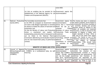Cost of Governance: Adjusting the Structures
Cost of Governance: Adjusting the Structures
Cost of Governance: Adjusting the Structures
Cost of Governance: Adjusting the Structures Page
Page
Page
Page 53
53
53
53
(vi) that an enabling law be enacted for the
establishment of the National Agency for Job
Creation and Empowerment (NAJCE).
name NDE.
Government rejects this
recommendation.
62. National Productivity
Centre (NPC)
The Committee recommends that:
(i) the NPC be scrapped as Government does
not need a fully fledged organization to sensitize
its citizens to imbibe the culture of hard-work and
productivity; and
(ii) that the Ministry of Labour and Productivity
evolve a mechanism and system for
substantiating productivity that is transparent and
can be linked to the National Planning
Commission (Monitoring and Evaluation System)
and the new Government policy of performance
contract.
Government rejects this
recommendation and
directs that a Technical
Board be set up to
comprise Federal
Ministries of Labour and
Productivity, Trade and
Investment,
Communication
Technology, OHCSF and
National Planning
Commission to oversee
the activities of the
Centre.
The Centre has been in existence
for close to 25years, yet its impact is
not being felt. Its primary mandate is
to “promote, develop and provide
services aimed at utilizing to the
fullest all available and potential
resources, in order to secure for the
people of Nigeria a better and
higher standard of living”. What a
lofty and at the same time vague
vision! The Centre is one of the
institutions decreed into existence
by the military to assuage
stakeholders. FGN should have
accepted the Committee’s
recommendations.
MINISTRY OF MINES AND STEEL DEVELOPMENT
63. Council of Nigerian
Mining Engineers and
Geoscientists
(COMEG)
The Committee recommends that:
i. COMEG, as a professional body, be self-
financing;
Government rejects this
recommendation but
directs that COMEG be
funded through grants
and not line budget as
from 2014. Government
states that it will continue
to provide grants to
COMEG is a regulatory body. It
controls the practice of the
professionals involved in mining
engineering and geosciences. The
chairman and members of the
Council are appointed by the
President on recommendation of the
Minister. So, FGN is right in its
 