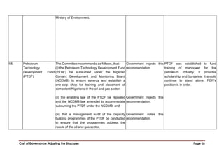 Cost of Governance: Adjusting the Structures
Cost of Governance: Adjusting the Structures
Cost of Governance: Adjusting the Structures
Cost of Governance: Adjusting the Structures Page
Page
Page
Page 56
56
56
56
Ministry of Environment.
68. Petroleum
Technology
Development Fund
(PTDF)
The Committee recommends as follows, that:
(i) the Petroleum Technology Development Fund
(PTDF) be subsumed under the Nigerian
Content Development and Monitoring Board
(NCDMB) to ensure synergy and establish a
one-stop shop for training and placement of
competent Nigerians in the oil and gas sector;
(ii) the enabling law of the PTDF be repealed
and the NCDMB law amended to accommodate
subsuming the PTDF under the NCDMB; and
(iii) that a management audit of the capacity
building programmes of the PTDF be conducted
to ensure that the programmes address the
needs of the oil and gas sector.
Government rejects this
recommendation.
Government rejects this
recommendation.
Government notes this
recommendation.
PTDF was established to fund
training of manpower for the
petroleum industry. It provides
scholarship and bursaries. It should
continue to stand alone. FGN’s
position is in order.
 