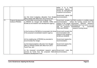 Cost of Governance: Adjusting the Structures
Cost of Governance: Adjusting the Structures
Cost of Governance: Adjusting the Structures
Cost of Governance: Adjusting the Structures Page
Page
Page
Page 62
62
62
62
(iv) that direct budgetary allocation from Budget
Office ceases with effect from 2013 Fiscal Year.
rather it is a food
processing Agency. It
should be strengthened
to perform its functions.
Government rejects this
recommendation.
77. Projects Development
Institute (PRODA)
The Committee recommends as follows, that:
(i) PRODA be merged with NASENI, FIIRO and
NCAM as one research and development agency;
(ii) the functions of NCAM be incorporated into those
of the proposed consolidated research agency;
(iii) the enabling law of PRODA be amended to
accommodate the merger;
(iv) that direct budgetary allocation from Budget
Office to PRODA ceases with effect from 2013
Fiscal Year; and
(v) the proposed consolidated research agency
sources its funds from the proposed National
Research Development Fund.
Government accepts the
recommendation with
respect to the merger of
NASENI and NCAM, but
with the exclusion of
FllRO and PRODA.
Government accepts this
recommendation with
respect to the merger of
NCAM and NASENI.
Government rejects this
recommendation.
Government rejects this
recommendation.
Government notes this
recommendation.
FGN’s position is credible subject
to the funding caveat from the
proposed National Research
Development Fund which is to be
established to coordinate
research funding issues.
 