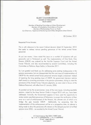 Indian Armed Forces-OROP Letter to the Prime Minister 