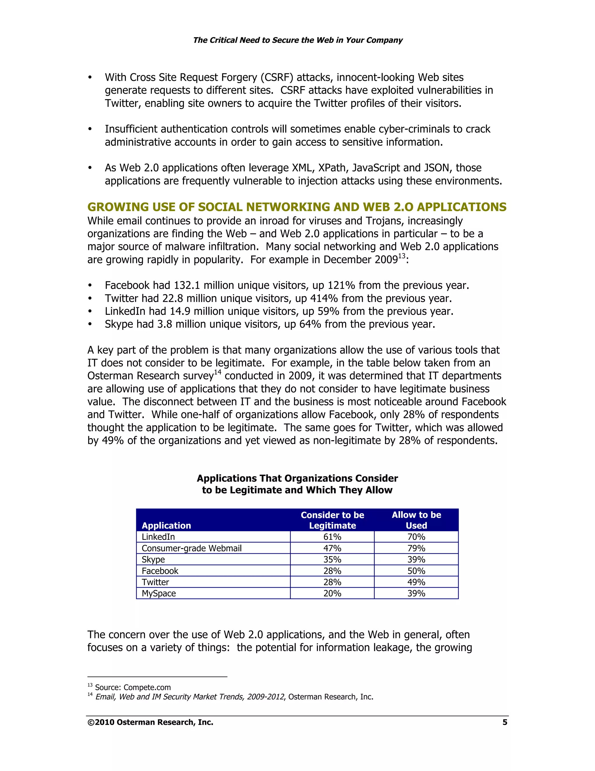 The Critical Need to Secure the Web in Your Company



•      With Cross Site Request Forgery (CSRF) attacks, innocent-looking Web sites
       generate requests to different sites. CSRF attacks have exploited vulnerabilities in
       Twitter, enabling site owners to acquire the Twitter profiles of their visitors.

•      Insufficient authentication controls will sometimes enable cyber-criminals to crack
       administrative accounts in order to gain access to sensitive information.

•      As Web 2.0 applications often leverage XML, XPath, JavaScript and JSON, those
       applications are frequently vulnerable to injection attacks using these environments.

GROWING USE OF SOCIAL NETWORKING AND WEB 2.O APPLICATIONS
While email continues to provide an inroad for viruses and Trojans, increasingly
organizations are finding the Web – and Web 2.0 applications in particular – to be a
major source of malware infiltration. Many social networking and Web 2.0 applications
are growing rapidly in popularity. For example in December 200913:

•      Facebook had 132.1 million unique visitors, up 121% from the previous year.
•      Twitter had 22.8 million unique visitors, up 414% from the previous year.
•      LinkedIn had 14.9 million unique visitors, up 59% from the previous year.
•      Skype had 3.8 million unique visitors, up 64% from the previous year.

A key part of the problem is that many organizations allow the use of various tools that
IT does not consider to be legitimate. For example, in the table below taken from an
Osterman Research survey14 conducted in 2009, it was determined that IT departments
are allowing use of applications that they do not consider to have legitimate business
value. The disconnect between IT and the business is most noticeable around Facebook
and Twitter. While one-half of organizations allow Facebook, only 28% of respondents
thought the application to be legitimate. The same goes for Twitter, which was allowed
by 49% of the organizations and yet viewed as non-legitimate by 28% of respondents.


                                Applications That Organizations Consider
                                 to be Legitimate and Which They Allow

                                                             Consider to be         Allow to be
                 Application                                  Legitimate               Used
                 LinkedIn                                        61%                    70%
                 Consumer-grade Webmail                          47%                    79%
                 Skype                                           35%                    39%
                 Facebook                                        28%                    50%
                 Twitter                                         28%                    49%
                 MySpace                                         20%                    39%



The concern over the use of Web 2.0 applications, and the Web in general, often
focuses on a variety of things: the potential for information leakage, the growing


13
     Source: Compete.com
14
     Email, Web and IM Security Market Trends, 2009-2012, Osterman Research, Inc.


©2010 Osterman Research, Inc.                                                                     5
 