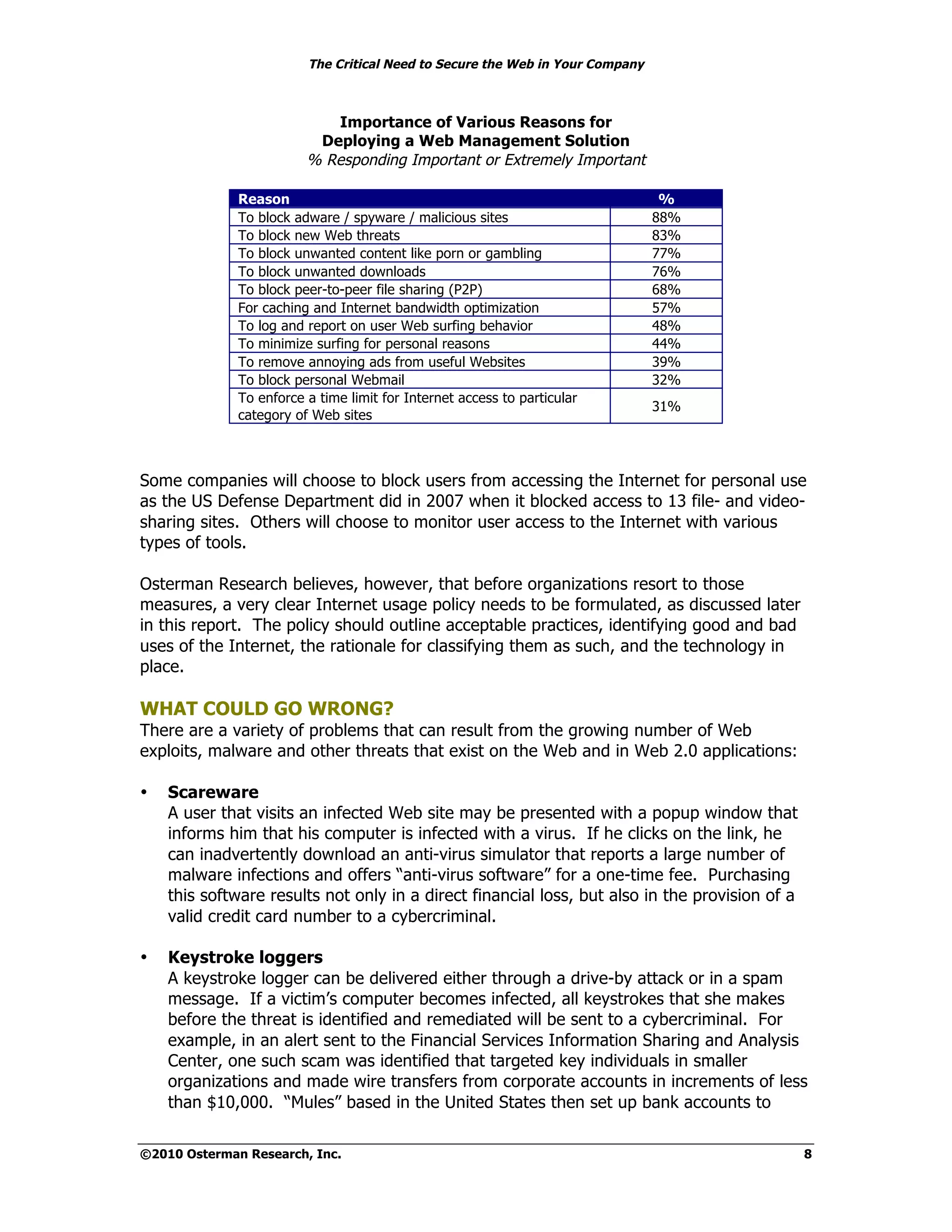 The Critical Need to Secure the Web in Your Company



                            Importance of Various Reasons for
                          Deploying a Web Management Solution
                         % Responding Important or Extremely Important

              Reason                                                            %
              To block adware / spyware / malicious sites                      88%
              To block new Web threats                                         83%
              To block unwanted content like porn or gambling                  77%
              To block unwanted downloads                                      76%
              To block peer-to-peer file sharing (P2P)                         68%
              For caching and Internet bandwidth optimization                  57%
              To log and report on user Web surfing behavior                   48%
              To minimize surfing for personal reasons                         44%
              To remove annoying ads from useful Websites                      39%
              To block personal Webmail                                        32%
              To enforce a time limit for Internet access to particular
                                                                               31%
              category of Web sites



Some companies will choose to block users from accessing the Internet for personal use
as the US Defense Department did in 2007 when it blocked access to 13 file- and video-
sharing sites. Others will choose to monitor user access to the Internet with various
types of tools.

Osterman Research believes, however, that before organizations resort to those
measures, a very clear Internet usage policy needs to be formulated, as discussed later
in this report. The policy should outline acceptable practices, identifying good and bad
uses of the Internet, the rationale for classifying them as such, and the technology in
place.

WHAT COULD GO WRONG?
There are a variety of problems that can result from the growing number of Web
exploits, malware and other threats that exist on the Web and in Web 2.0 applications:

•   Scareware
    A user that visits an infected Web site may be presented with a popup window that
    informs him that his computer is infected with a virus. If he clicks on the link, he
    can inadvertently download an anti-virus simulator that reports a large number of
    malware infections and offers “anti-virus software” for a one-time fee. Purchasing
    this software results not only in a direct financial loss, but also in the provision of a
    valid credit card number to a cybercriminal.

•   Keystroke loggers
    A keystroke logger can be delivered either through a drive-by attack or in a spam
    message. If a victim’s computer becomes infected, all keystrokes that she makes
    before the threat is identified and remediated will be sent to a cybercriminal. For
    example, in an alert sent to the Financial Services Information Sharing and Analysis
    Center, one such scam was identified that targeted key individuals in smaller
    organizations and made wire transfers from corporate accounts in increments of less
    than $10,000. “Mules” based in the United States then set up bank accounts to

©2010 Osterman Research, Inc.                                                                   8
 