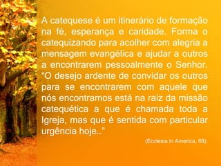 A catequese é um itinerário de formação
na fé, esperança e caridade. Forma o
catequizando para acolher com alegria a
mensagem evangélica e ajudar a outros
a encontrarem pessoalmente o Senhor.
“O desejo ardente de convidar os outros
para se encontrarem com aquele que
nós encontramos está na raiz da missão
catequética a que é chamada toda a
Igreja, mas que é sentida com particular
urgência hoje…”
(Ecclesia in America, 68).
 