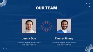 OUR TEAM
You can speak a bit about
this person here
Jenna Doe Timmy Jimmy
You can speak a bit about
this person here
 