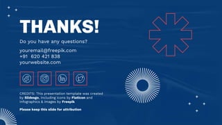 CREDITS: This presentation template was created
by Slidesgo, including icons by Flaticon and
infographics & images by Freepik
Do you have any questions?
youremail@freepik.com
+91 620 421 838
yourwebsite.com
THANKS!
Please keep this slide for attribution
 