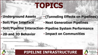 PIPELINE INFRASTRUCTURE
TOPICS
• Underground Assets
• Soil/Pipe Interface
• Soil/Pipeline Interaction
• 2D and 3D Behavior
• (Tunneling Effects on Pipelines)
• Next Generation Pipelines
• Pipeline System Performance
• Impact on Communities
 